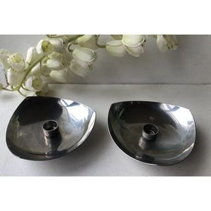 Stainless Steel Lundtofte Denmark Pair of Danish Modern Candle Taper Holders MCM